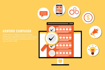 Poster - Adword campaign concept, Search marketing, PPC advertising banner. Flat cartoon design 