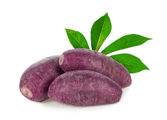 Wall Mural - raw purple sweet potato or yam with leaf solated on white background