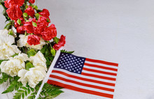 Flag Of America With White And Red Flowers Carnation.