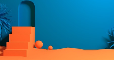 3d illustration of abstract orange & blue color geometric shape , modern minimalist mockup for podium display or showcase