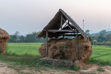 Pile Of Straw Being Kept Dry In Simple Building In Northern Thailand