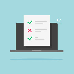Fototapete - Online test results on exam survey form or check list on laptop computer vector flat cartoon paper quiz document on screen icon, idea of internet questionnaire checklist isolated modern design image