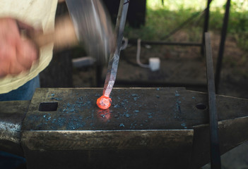 Blacksmith forges iron on anvil