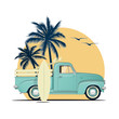 Surfing retro pick up truck with surf boards on sunset with palm silhouettes. Summer vacation or summer party themed vector illustration for flyer or poster or t-shirt design.