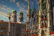 Frauenkirche And New Town Hall In Munich, Germany