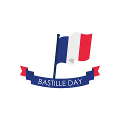 Poster - Happy bastille day concept, French flag waving and decorative ribbon, flat style