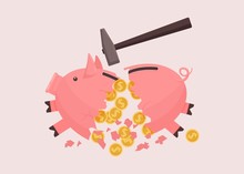 Piggy Bank Broken By Hammer. Broken Pink Piggy Bank Spillover Savings Cash Saved Profitable Vector Deposit Crisis Loan Repayment Investment Clipart, Financial Income.