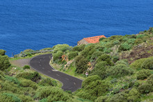 Winding Road Through The Coastline Above The Cliffs Of La Palma, With Subtropical Vegetagion Around And The Atlantic Ocean In Front.