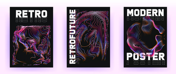 Aufkleber - Set of retrofuturistic posters with holographic chromatic shapes in rainbow colors. Synthwave and vaporwave style covers for music party event and club invitation.