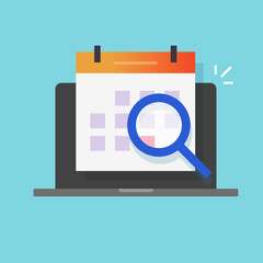Aufkleber - Calendar event search no computer icon or scheduled day find on laptop symbol vector flat cartoon, illustrated pc online agenda with magnifying glass exploring organizer sign modern symbol image