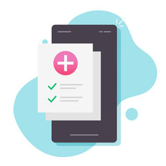 Poster - Medical prescription form online list with health results data and approved check marks on mobile phone vector flat cartoon, clinical healthcare checklist document on smartphone modern image