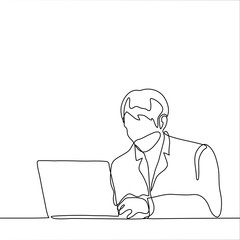 Wall Mural - man in a jacket works at a laptop. One continuous line drawing programmer (web designer, copywriter, blogger, copywriter, writer, administrator, manager)