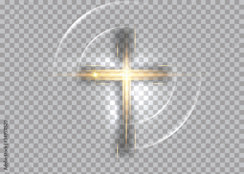 Fotomural cross of light, shiny Cross with golden frame symbol of christianity