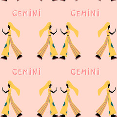 Wall Mural - Seamless pattern with Gemini - astrological zodiac sign. Abstract print with The Twins - two women in modern cloth.