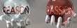 © GoodIdeas - passion and reason in a balanced life - pictured as words passion,reason in hands to show that reason and passion should stay in balance, 3d illustration