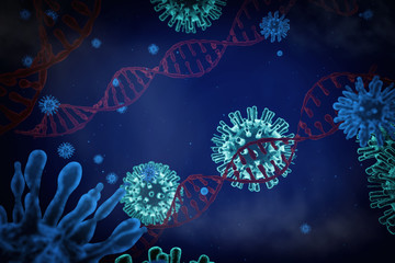 Wall Mural - Virus close-up on a background of a DNA helix, RNA and virus, 3D rendering