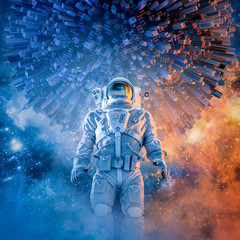 Wall Mural - return to home world / 3d illustration of science fiction scene with astronaut beneath giant city co