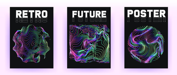 Aufkleber - Set of retrofuturistic posters with holographic chromatic shapes in rainbow colors. Synthwave and vaporwave style covers for music party event and club invitation.