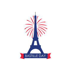 Poster - Happy bastille day concept, eiffel tower with ribbon and firework, flat style