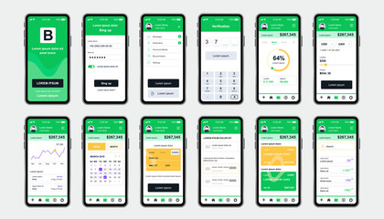 Fototapete - Online banking unique design kit for app. Mobile wallet screens with financial analytics, instruments and services. Financial management UI, UX template set. GUI for responsive mobile application.