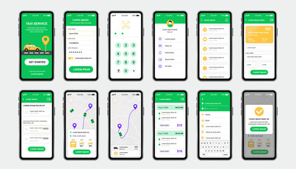 Poster - Taxi service unique design kit for mobile app. Online taxi booking screens with map navigation and taxi fare. Passenger transportation UI, UX template set. GUI for responsive mobile application.