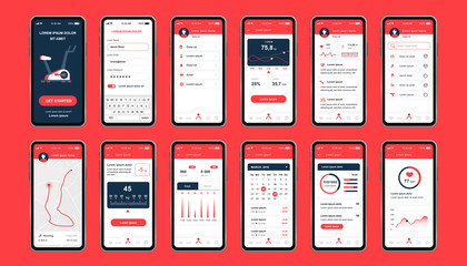 Aufkleber - Fitness workout unique design kit for mobile app. Fitness tracker screens with running route planner, analytics and burned calories. Sport UI, UX template set. GUI for responsive mobile application.