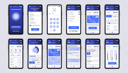 Fototapete - Online banking unique design kit for app. Mobile wallet screens with financial account and transaction confirmation. Financial management UI, UX template set. GUI for responsive mobile application.