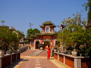 HOIAN, VIETNAM, SEPTEMBER, 04 2017: Beautiful view of an ancient gorgeous temple at hoian, in a sunny day in Vietnam