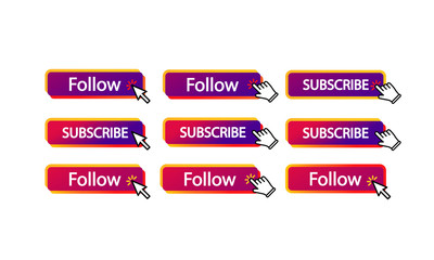Poster - Follow, subscribe button with cursor, mouse pointer. Button template for popular social networks. Follow on channel. EPS 10 vector.