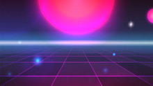Cyberpunk Background. Retro Future Perspective Grid. 1980 S Style Computer Landscape. Pink Planet Or Sun In Dark Sky. Retro Wave Party Flyer Template. Old Sci-fi Movie Art. Stock Vector Illustration