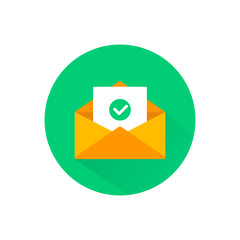 Poster - Open envelope containing check mark or email, email, chat, letter icon flat in on isolated background. EPS 10 vector