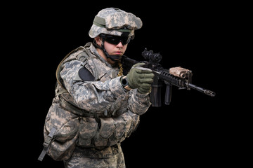 Wall Mural - Male in US Army uniform soldier (Flag of the USA on the shoulder). Shot in studio. Isolated with clipping path on black background