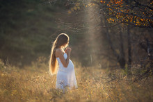 Pregnant Girl With Long Hair In A White Dress In The Summer At Sunset In The Field Prays