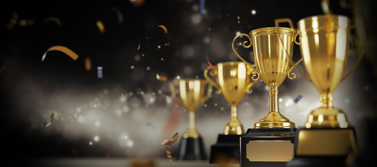 Wall Mural - golden trophy award on dark background. gold winners trophy with copy space for text. 3d rendering.