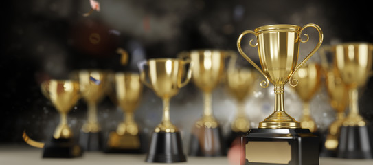 Wall Mural - golden trophy award on dark background. gold winners trophy with copy space for text. 3d rendering.