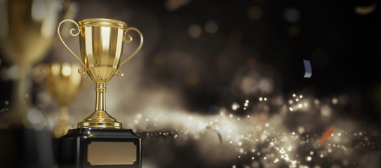 Wall Mural - golden trophy award on dark background. gold winners trophy with copy space for text. 3d rendering.