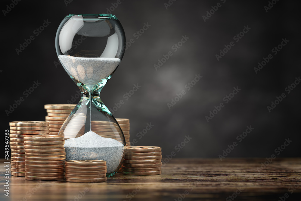 Golden coins and hourglass clock. Return on investment, deposit, growth of income and savings, time is money concept.