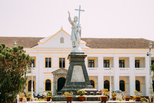 Panaji, India. Archbishop's Palace And Statue Of Jesus In Sunny Day. The Residence Of The Archbishop