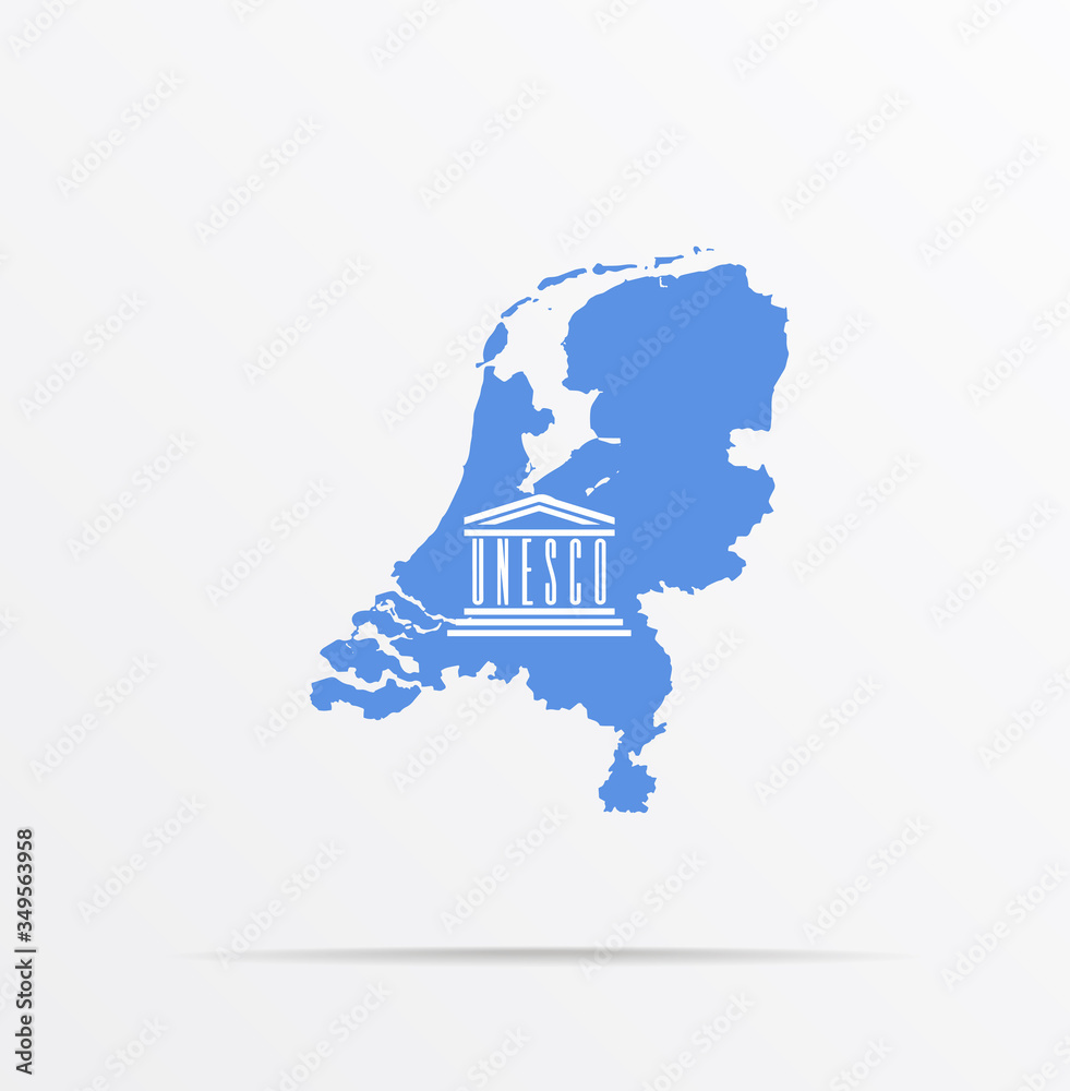 Vector map Netherlands combined with United Nations Educational, Scientific and Cultural Organization UNESCO flag. - obrazy, fototapety, plakaty 