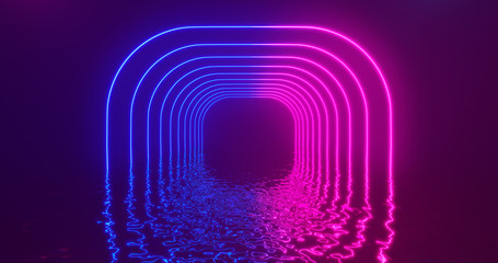 Poster - 3D Rendering. Geometric figure in neon light against a dark tunnel. Laser glow.