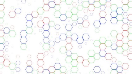 Poster - Tri-color hexagonal shapes appear and disappear on a white background. Slow motion calms. Seamless loop.