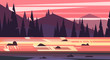 Sunset in a forest mountain landscape. Vector illustration.