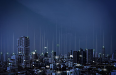 City with wireless network connection concept , abstract communication technology concept .