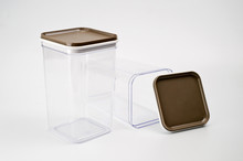 Transparent Plastic Containers For Storing Bulk Products, Cereals And Pasta, Photographed Large On A White Background.