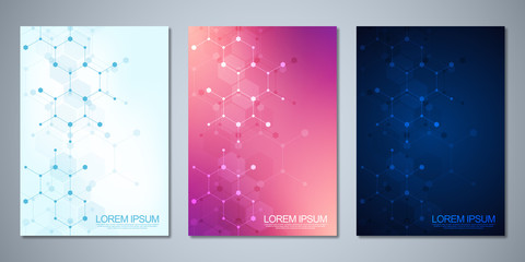Wall Mural - Template brochure or cover book, page layout, flyer design with molecular structures background and chemical engineering. Concept and idea for innovation technology and science.