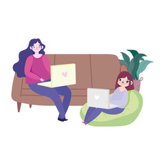 Wall Mural - working remotely, young women using laptop on sofa and chair