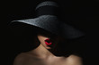 Woman Hat and Lips, Elegant Fashion Model Retro Beauty Portrait in Black