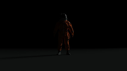 Wall Mural - astronaut with black visor and orange spacesuit back light with dark grey background with back side 