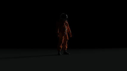 Wall Mural - astronaut with black visor and orange spacesuit back light with dark grey background with back side 