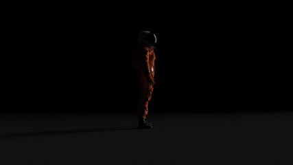 Wall Mural - astronaut with black visor and orange spacesuit back light with dark grey background with back side 